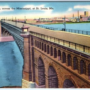 c1940s St. Louis, MO Eads Bridge Mississippi River Stone Arch Skyline Linen A271