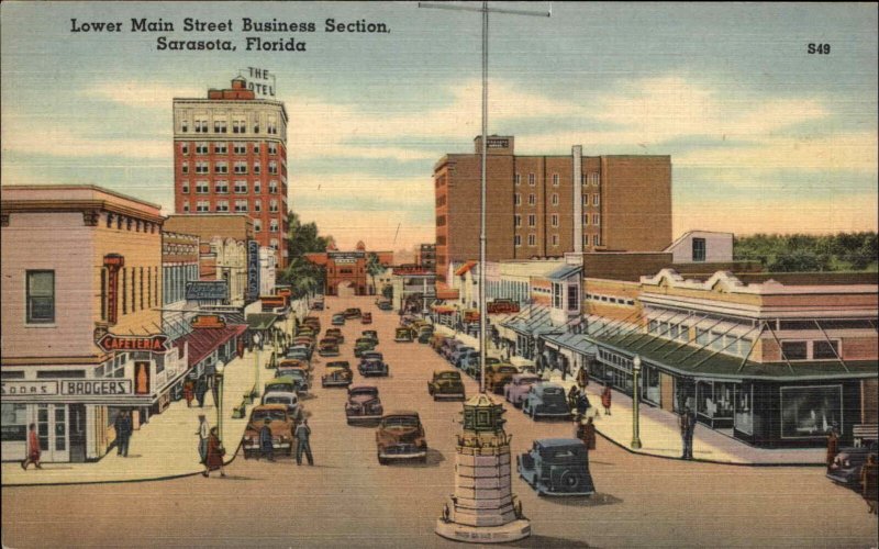 Sarasota Florida FL Lower Main Street Scene Linen Vintage Postcard