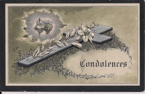 Condolences Postcard, 1910, Religious, Cross, Embossed, Sacred Heart, Death