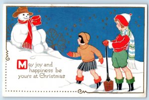 Christmas Children Snowman Children Shovel Winter Embossed Antique Postcard
