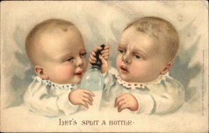 Adorable Blonde Baby Babies Split Old Bottle c1910 Vintage Postcard