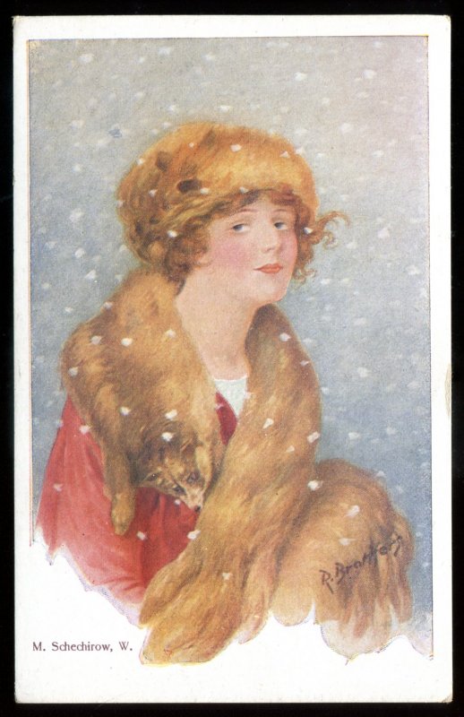 dc831 - Artist- R. BRANFERS Postcard 1910s M. Schechirow Lady in Fox Fur