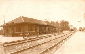 RPPC Real Photo Postcard Burlington Railroad Train Depot - Osceola, Iowa - 1908