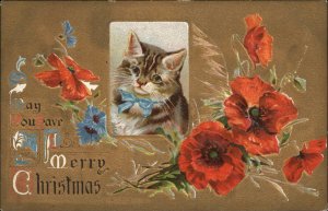 CHRISTMAS Kitten w Bow Flower Border GILT INLAY c1910 Postcard