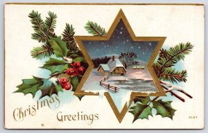Christmas Greetings Holy Leaf Cherry And Swow Village Wishes Postcard