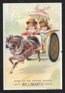 VICTORIAN TRADE CARD Willimantic Thread Two Girls in Cart Thread Spool as Wheel