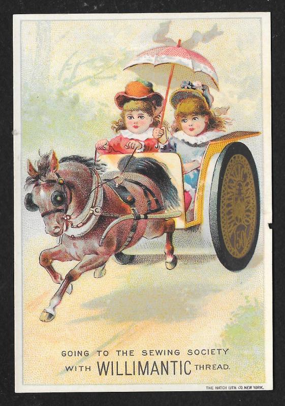 VICTORIAN TRADE CARD Willimantic Thread Two Girls in Cart Thread Spool as Wheel