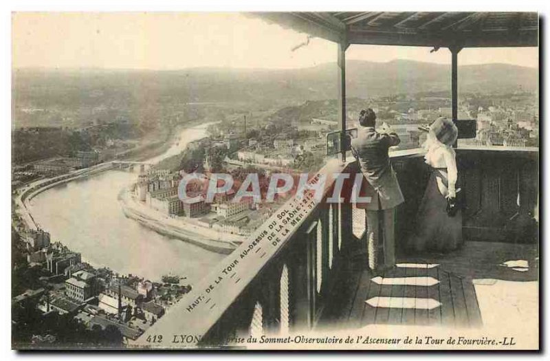 Old Postcard Lyon Observatory Summit taking view of the Lift Tower of Fourviere