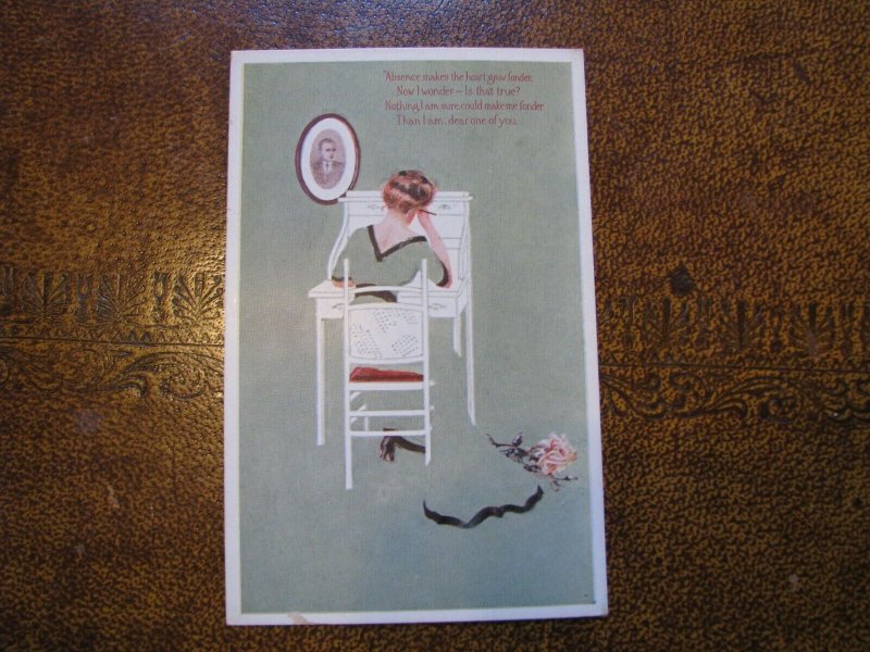 Fadeaway Postcard - Woman - Poem Gibson Art Company - Absence makes the heart..