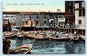 BOSTON, MA Massachusetts ~ Line of BOATS at HEAD of T WHARF c1910s Postcard 