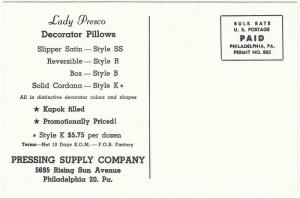 Advertising Card for Lady Presco Decorator Pillows by Pressing Supply Co 1950s