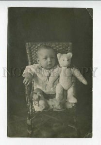 428666 BABY Boy w. White TEDDY BEAR & HORSE Vintage REAL PHOTO