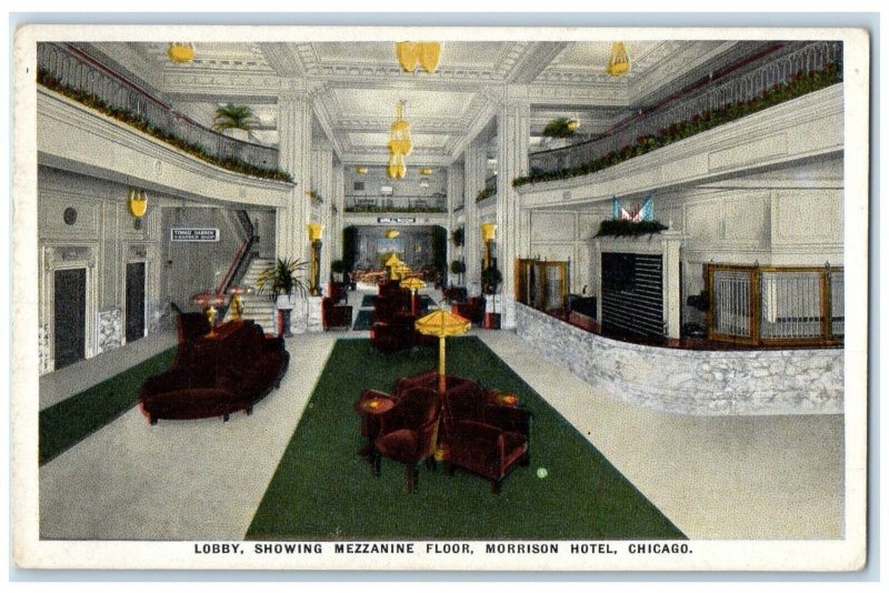 c1920 Lobby Showing Mezzanine Floor Morrison Hotel Chicago Illinois IL Postcard