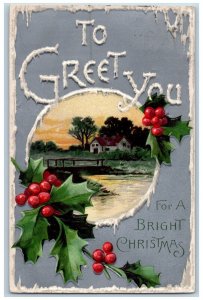 Christmas Postcard Holly Berries House Bridge Embossed Saint Charles Missouri MO