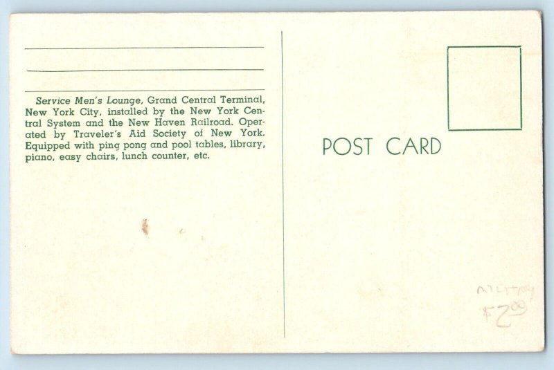 New York City New York Postcard Service Men Lounge Grand Central Terminal 1940