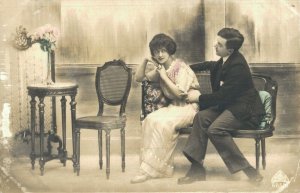 Victorian Style Art Nouveau Couple on a Bench looking at each other RPPC B27