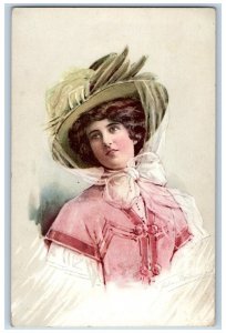 Artist Signed Postcard Pretty Woman Curly Hair Big Hat c1910's Posted Antique
