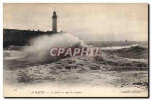 Old Postcard Lighthouse Le Havre The pier one day storm