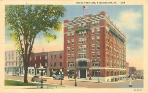 Burlington Vermont Hotel Vermont, Old Cars Linen Postcard Unused