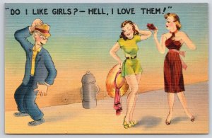 Do I Like Girls? Hell I Love Them! Two Young Girls & Old Man Comic Postcard