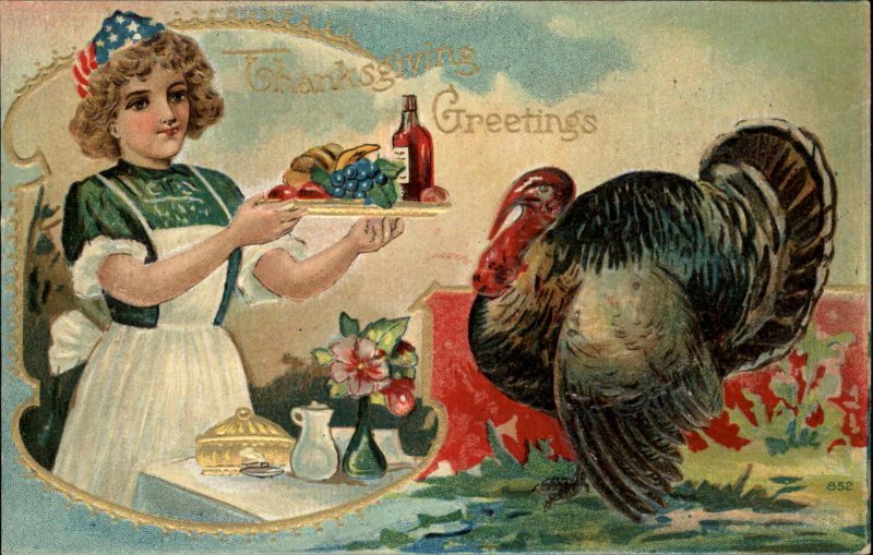 Thanksgiving Woman with Turkey and Patriotic Hat c1910 Vintage Postcard
