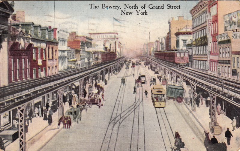 P1852 1917 busy postcard the bowery horse wagons trolly raised railroad etc N,Y