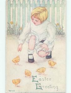 Pre-Linen easter signed CHILD REACHES DOWN TO PET CHICK W7365