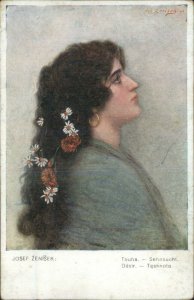 Beautiful Woman Curly Dark Hair Flowers in Hair JOSEF ZENISEK Desir Tesknota