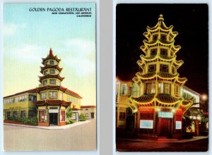 2 Postcards LOS ANGELES ~ Chinatown GOLDEN PAGODA Chinese Restaurant Night/Day