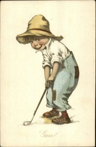 Little Boy Straw Putting Playing Golf Golfing Gare! c1910 French Postcard G19