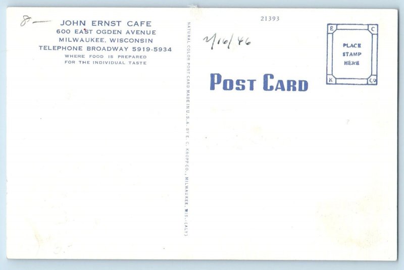 Milwaukee Wisconsin WI Postcard John Ernst Cafe Interior Scene c1940's Vintage