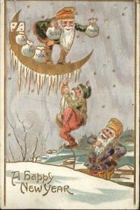 NEW YEAR FANTASY Gnomes Dance w Bags of Money c1910 Postcard