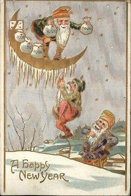 NEW YEAR FANTASY Gnomes Dance w Bags of Money c1910 Postcard