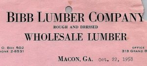 1958 Bibb Lumber Company Wholesale Lumber Macon GA Invoice 13-98