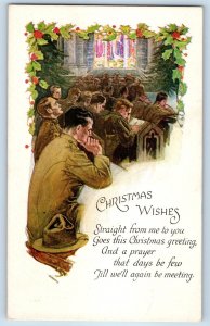 c1910's Christmas Military Soldiers On Church Holly Berries WWI Antique Postcard