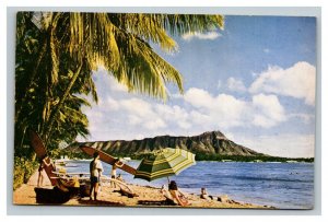 Vintage 1950's Postcard Waikiki Beach Palm Trees Diamond Head Hawaii