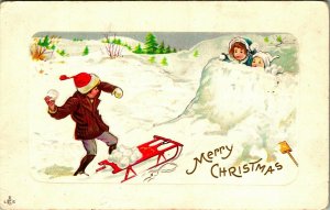 Snowball Fight Sled Embossed Merry Christmas UNP Stecher DB Postcard C4