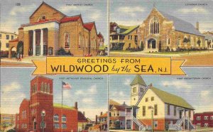 Greetings From Wildwood By Sea Churches New Jersey 1945 linen postcard