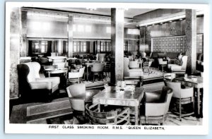 RPPC ~ R.M.S. QUEEN ELIZABETH First Class SMOKING ROOM Art Deco 1930s Postcard