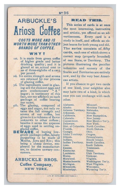 Arbuckles' Ariosa Coffee North Dakota Vintage ©1889 Advertising Trade Card