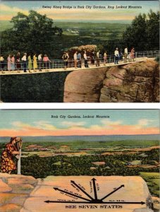 2~Postcards GA, Georgia ROCK CITY GARDENS Swing Bridge & Seven States LOOKOUT MT