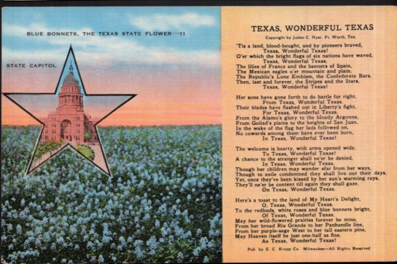 Texas Various Views - Wonderful Texas copyright by Julien C. Hyer Poem - LINEN