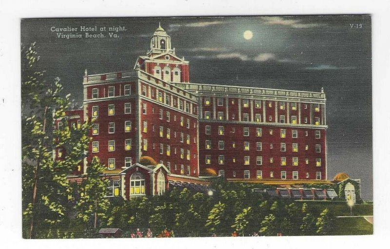 Cavalier Hotel at night, Virginia Beach, VA Linen Postcard