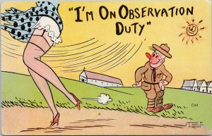 'I'm On Observation Duty' Woman Garter WW2 Military Humour Comic Postcard G66