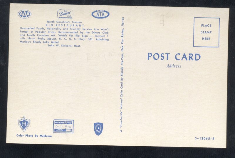 ROCKY MOUNT NORTH CAROLINA NC THE RIG RESTAURANT OLD CARS ADVERTISING POSTCARD