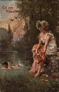 Valentine Fantasy Beautiful Woman Watches Cupid Swimming c1910 Vintage Postcard