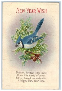 c1910's New Year Wish Song Bird Bluejay Pine Cone Embossed Antique Postcard