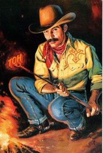 HOT Cowboy Stud Poker 4x6 postcard 1980 Art by Bob Andragna Americard #35