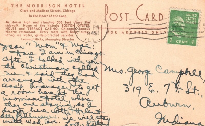 Vintage Postcard 1945 Morrison Hotel In The Heart Of The Loop Chicago Illinois 