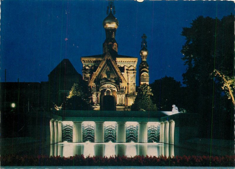 Postcard Germany darmstadt tor zu odenwald und bergstrabe russiche kapelle night